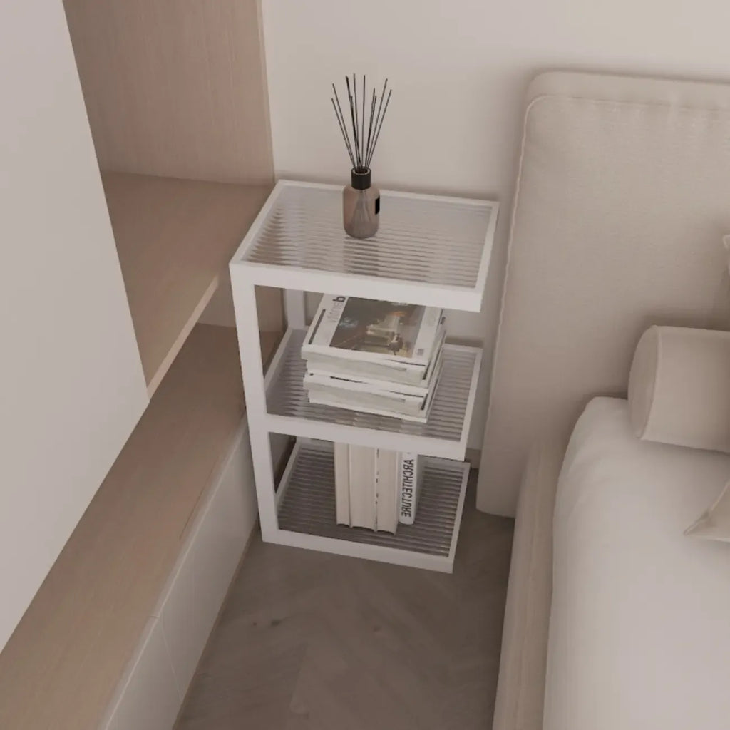 Table de chevet extra haute, simple, avec plateau en verre et trois étagères en acier
