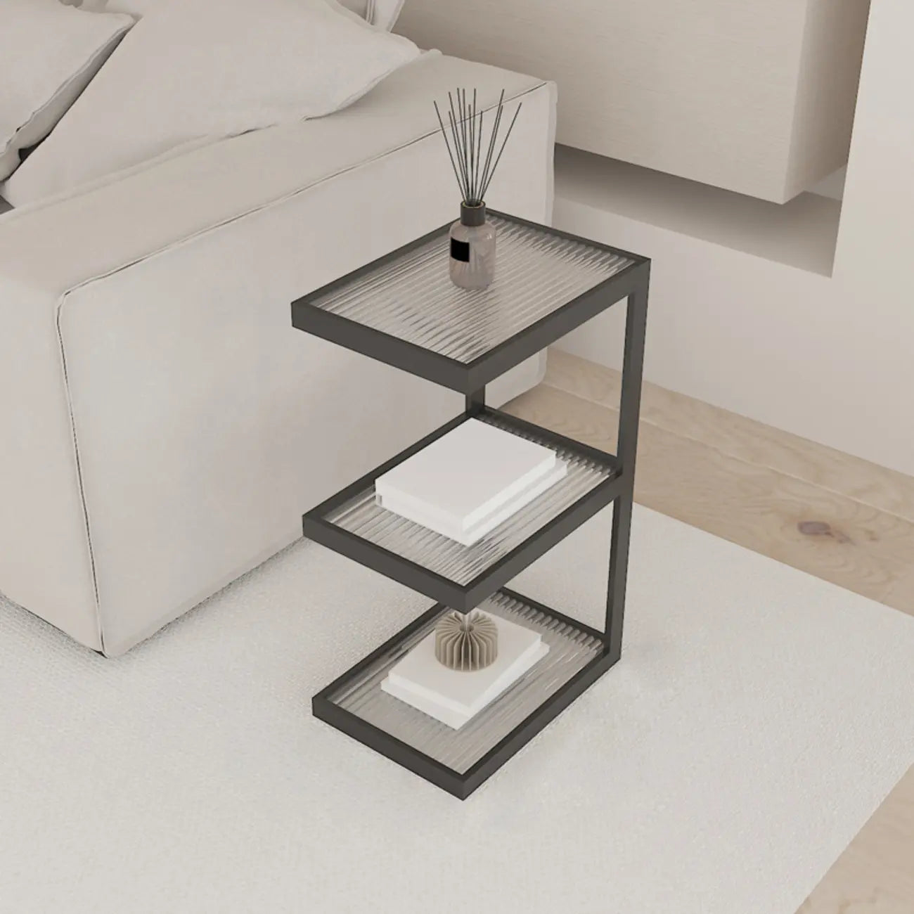 Table de chevet extra haute, simple, avec plateau en verre et trois étagères en acier