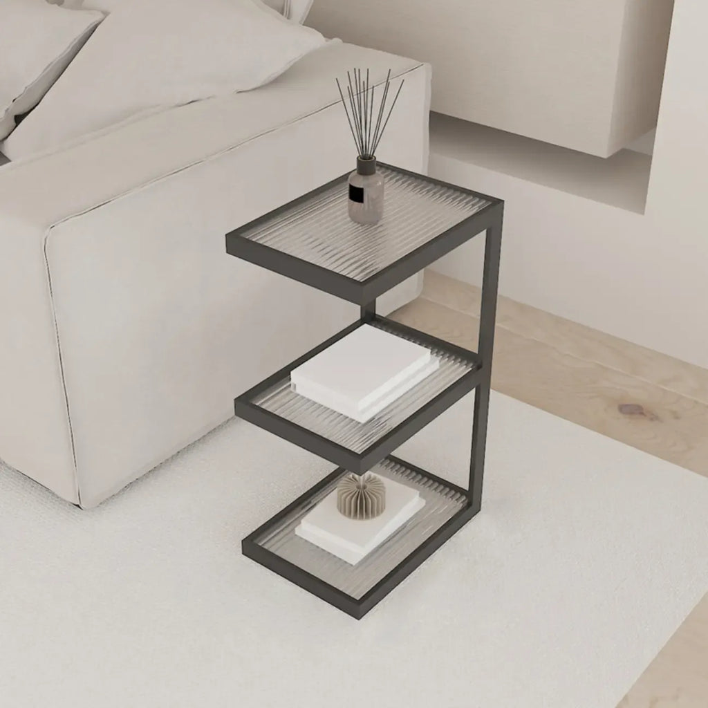 Table de chevet extra haute, simple, avec plateau en verre et trois étagères en acier