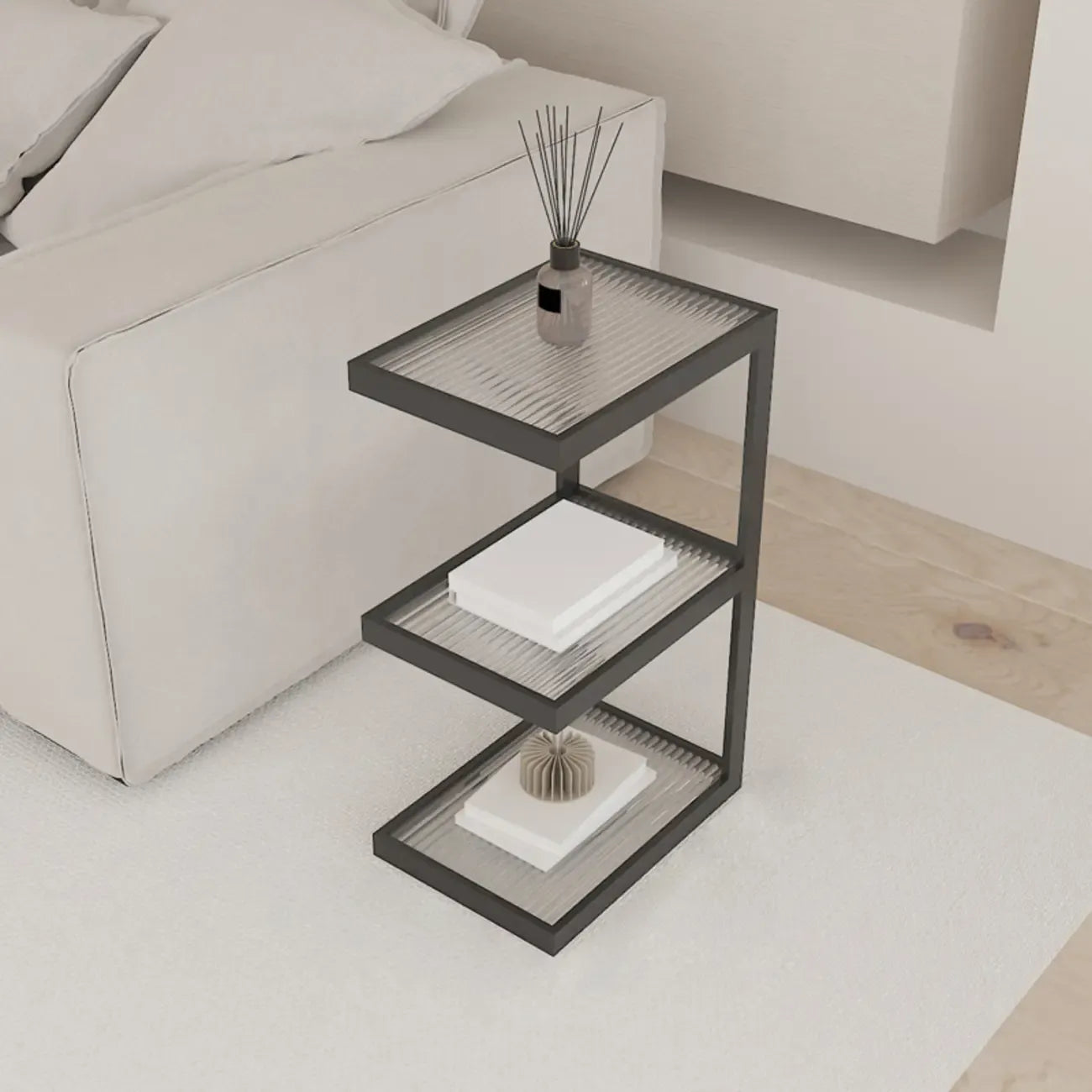 Table de chevet extra haute, simple, avec plateau en verre et trois étagères en acier