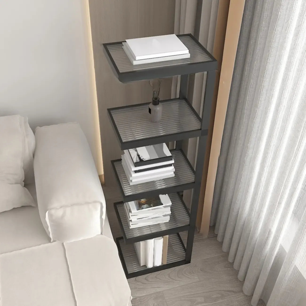 Table de chevet extra haute, simple, avec plateau en verre et trois étagères en acier