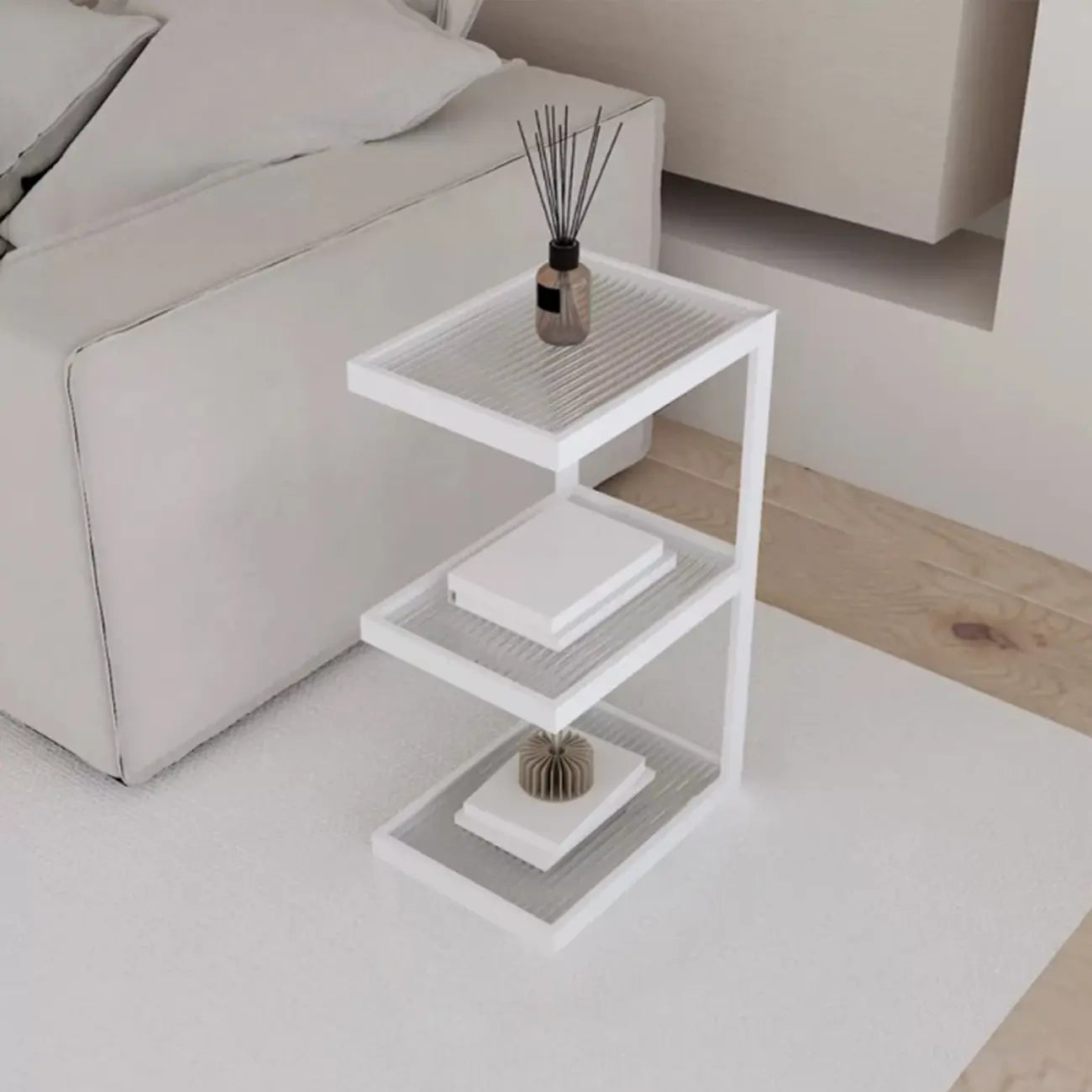 Table de chevet extra haute, simple, avec plateau en verre et trois étagères en acier