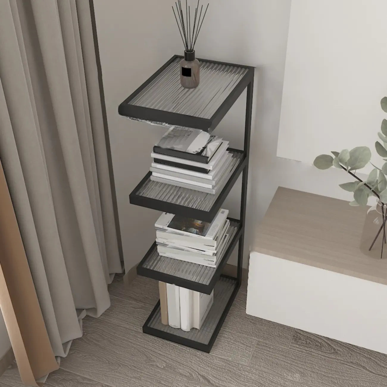 Table de chevet extra haute, simple, avec plateau en verre et trois étagères en acier