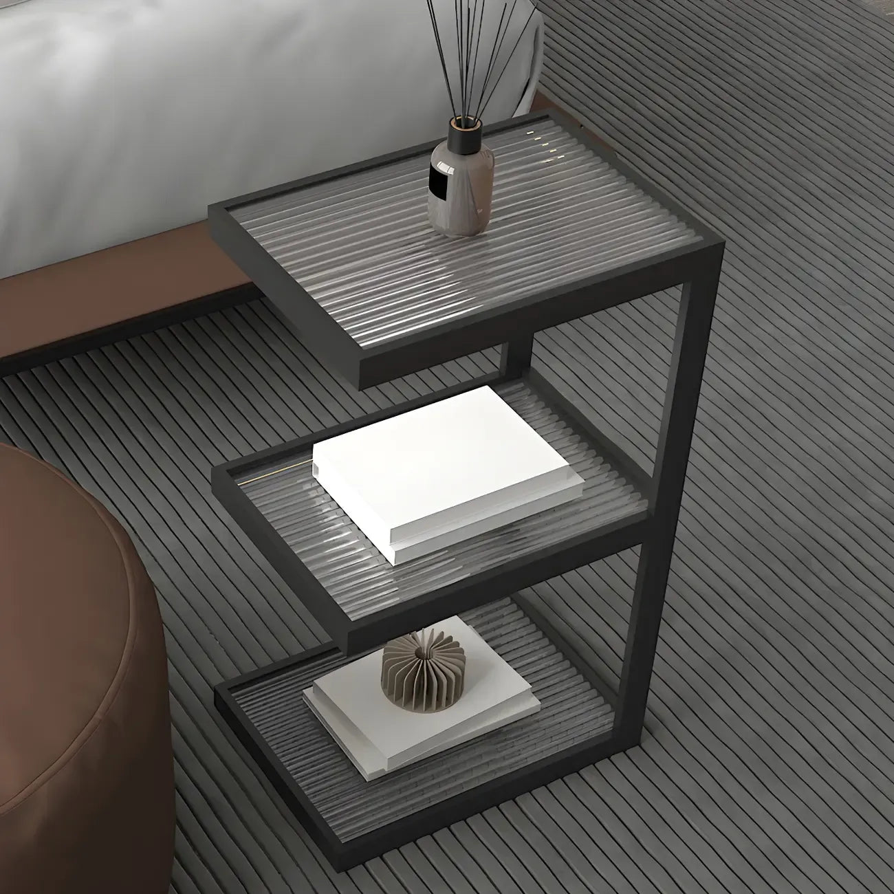 Table de chevet extra haute, simple, avec plateau en verre et trois étagères en acier