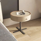 Table de chevet moderne beige en similicuir beige avec tiroir en métal croisé