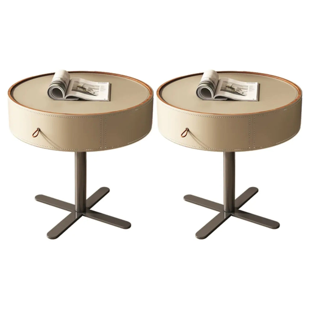 Table de chevet moderne beige en similicuir beige avec tiroir en métal croisé