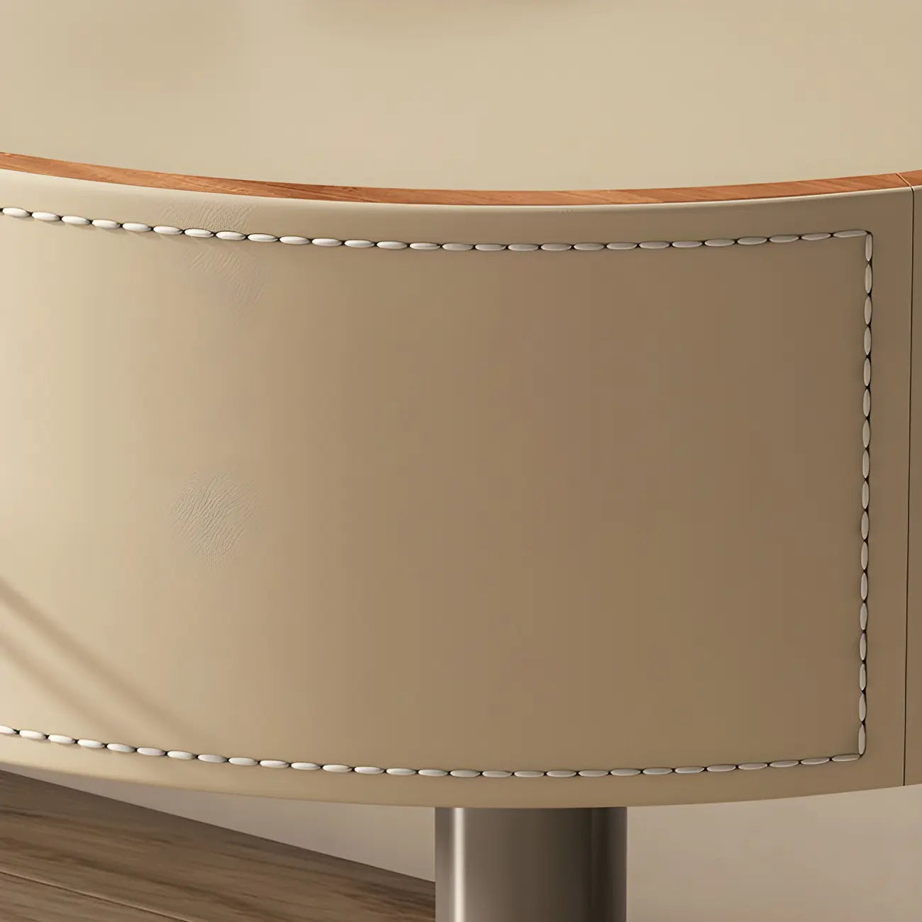Table de chevet moderne beige en similicuir beige avec tiroir en métal croisé