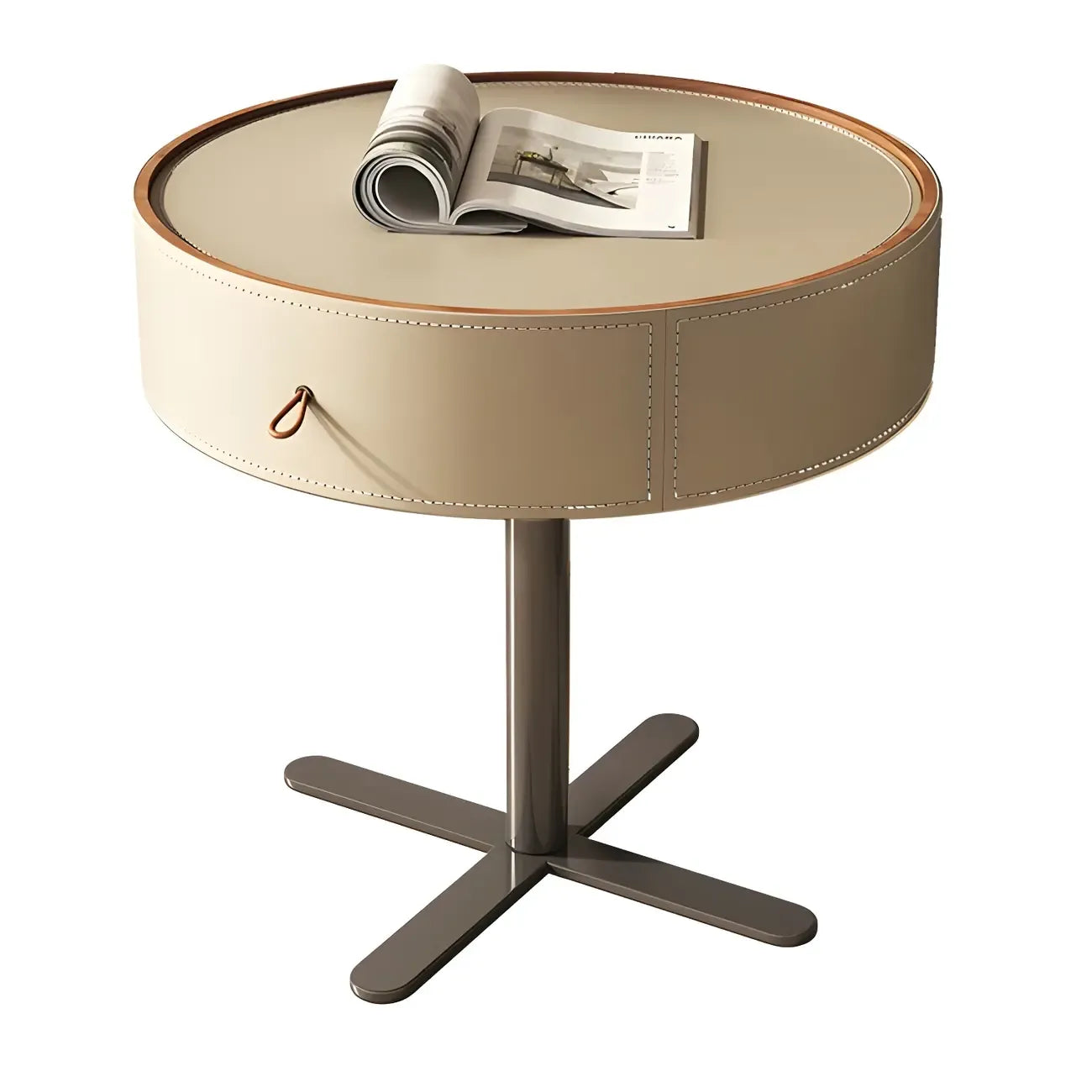 Table de chevet moderne beige en similicuir beige avec tiroir en métal croisé