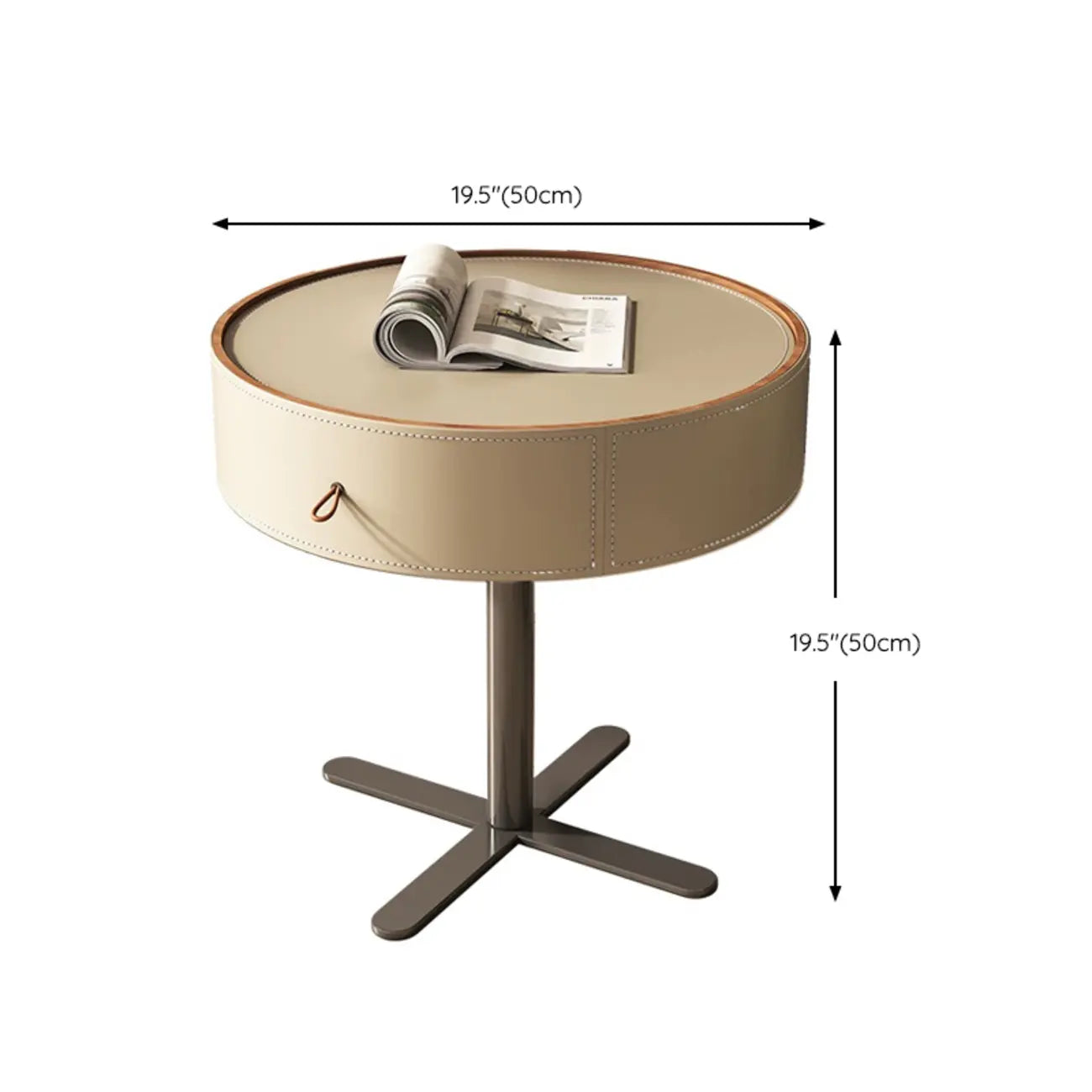 Table de chevet moderne beige en similicuir beige avec tiroir en métal croisé