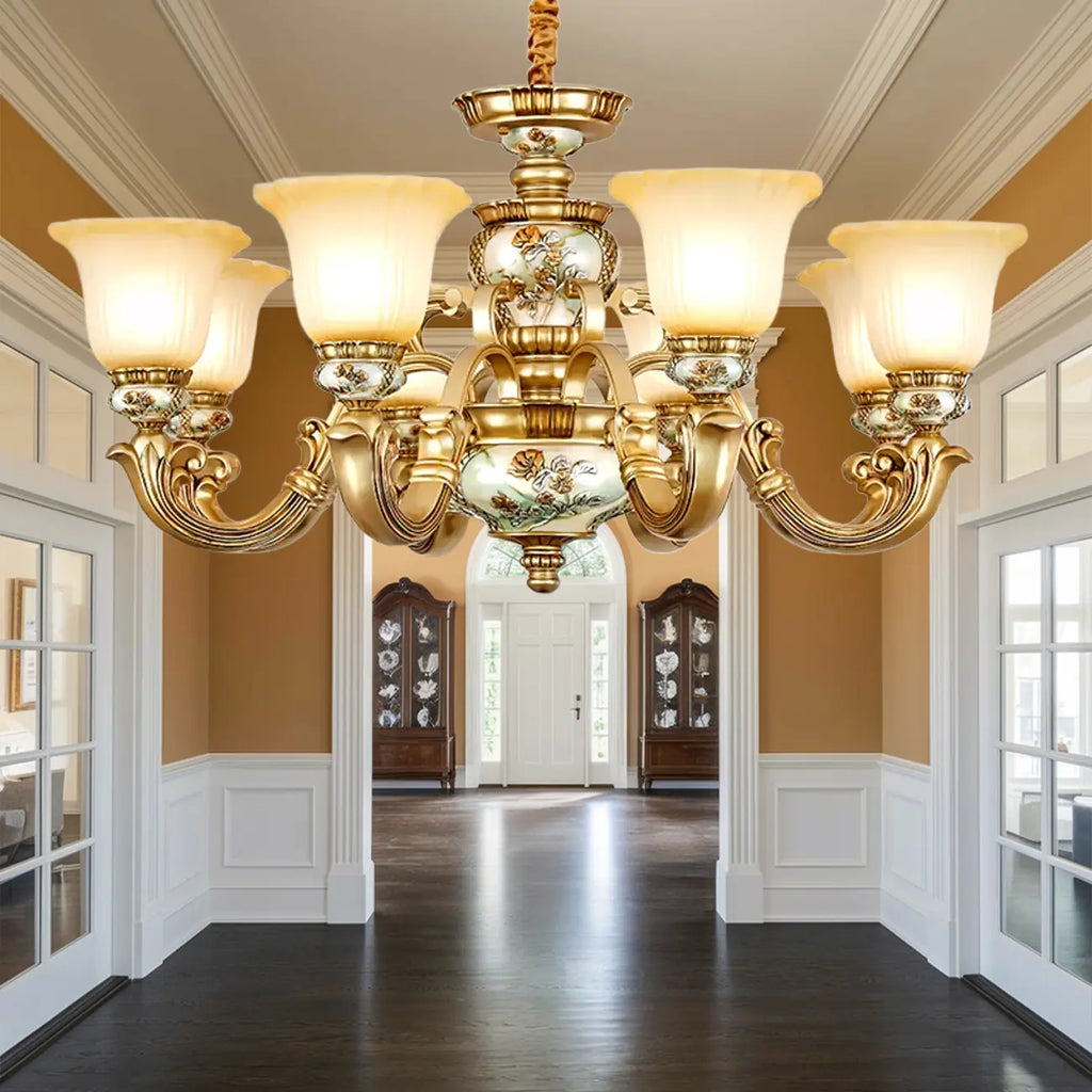 Lampadario in ceramica color oro antico con campane in vetro satinato