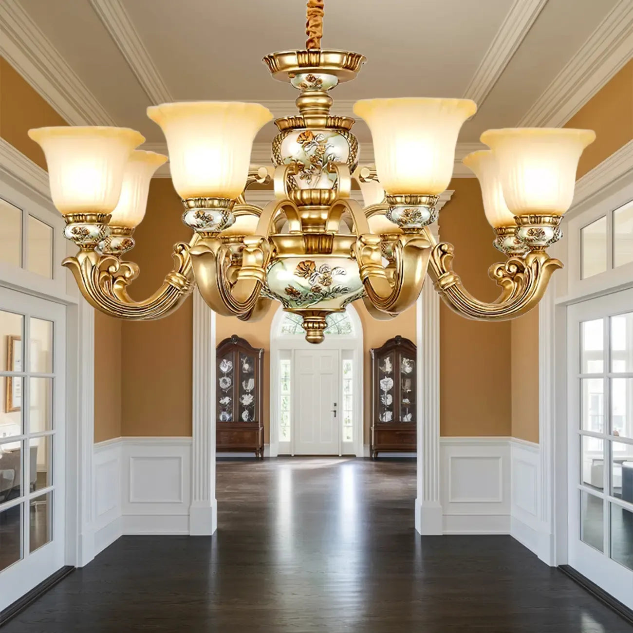 Lampadario in ceramica color oro antico con campane in vetro satinato