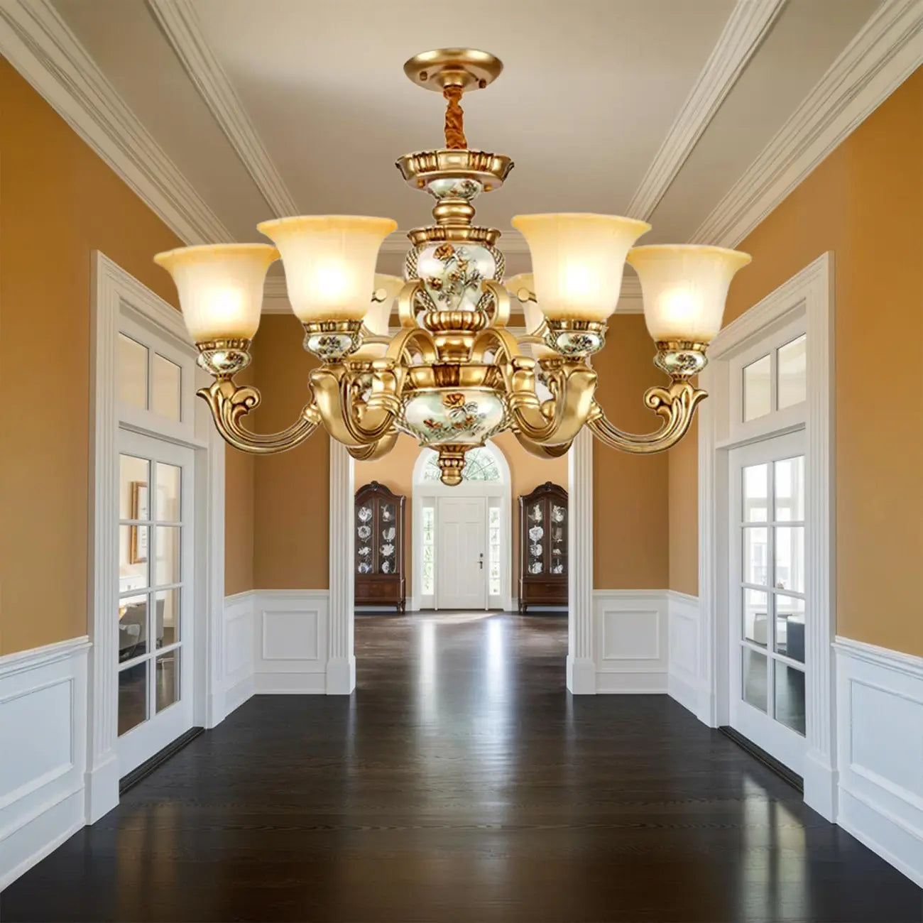 Lampadario in ceramica color oro antico con campane in vetro satinato