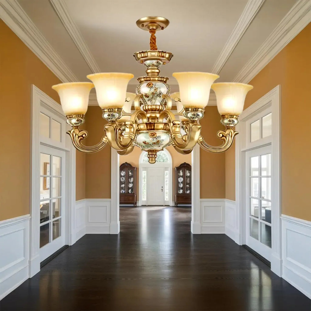 Lampadario in ceramica color oro antico con campane in vetro satinato