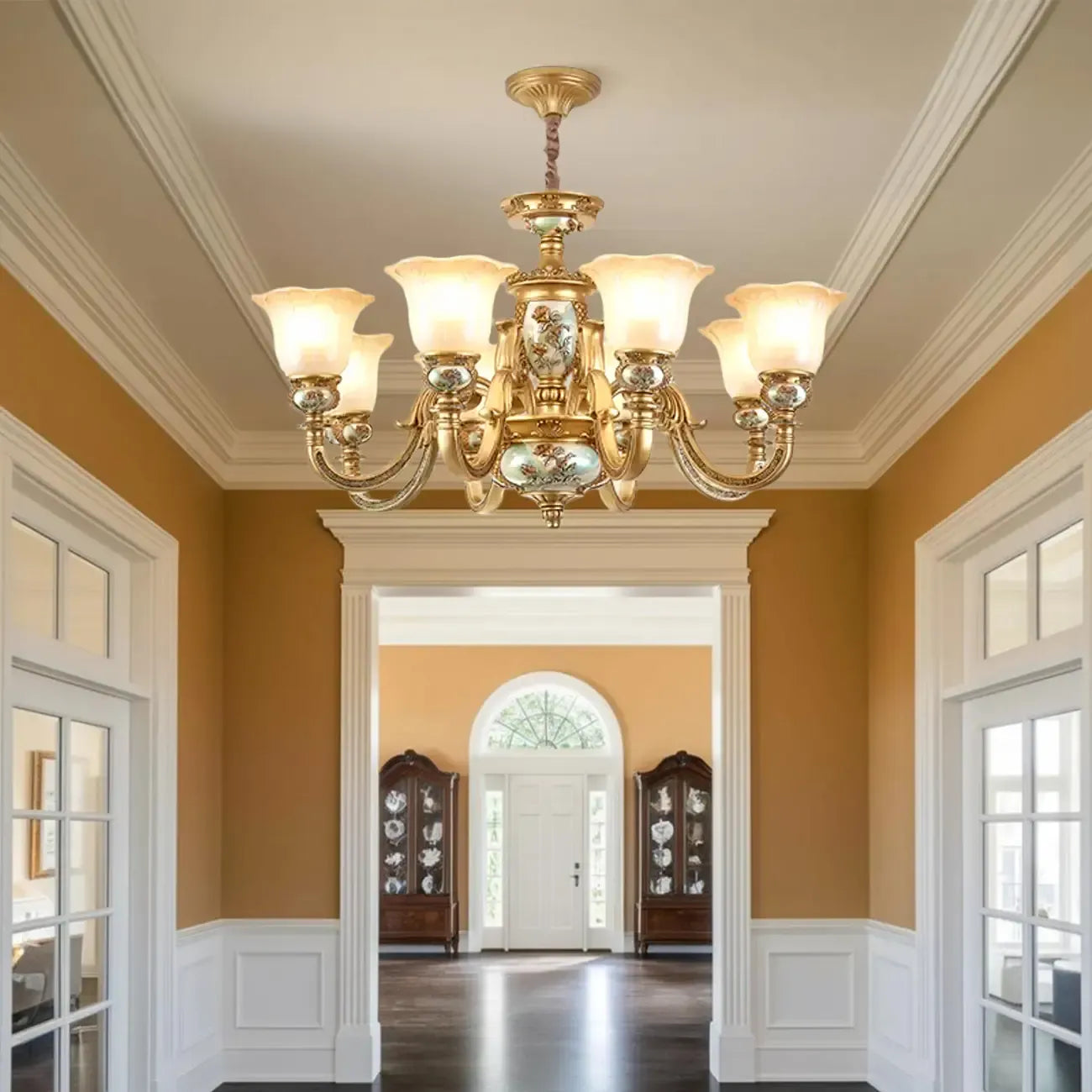 Lampadario in ceramica color oro antico con campane in vetro satinato