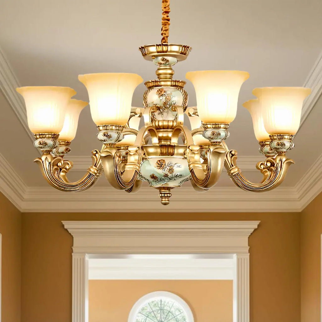 Lampadario in ceramica color oro antico con campane in vetro satinato