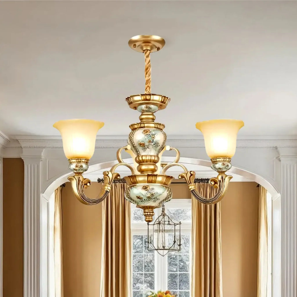 Lampadario in ceramica color oro antico con campane in vetro satinato