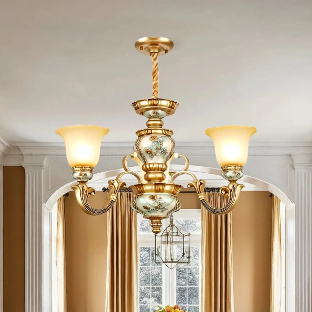 Lampadario in ceramica color oro antico con campane in vetro satinato