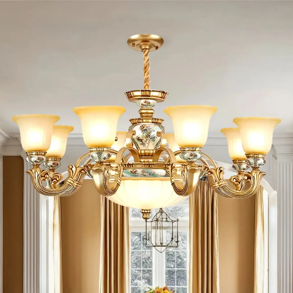 Lampadario in ceramica color oro antico con campane in vetro satinato