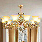 Lampadario in ceramica color oro antico con campane in vetro satinato