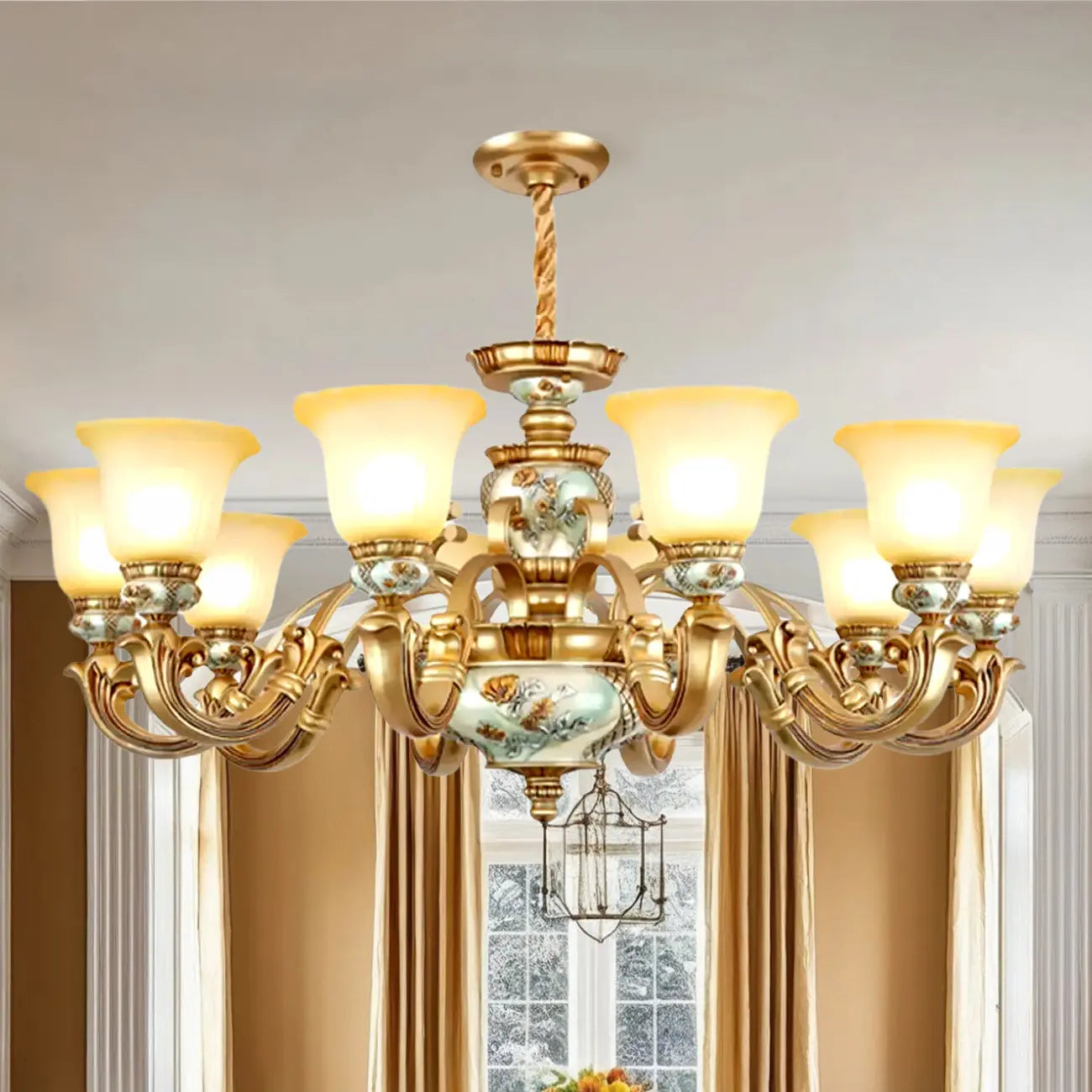 Lampadario in ceramica color oro antico con campane in vetro satinato