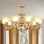 Lampadario in ceramica color oro antico con campane in vetro satinato