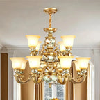 Lampadario in ceramica color oro antico con campane in vetro satinato