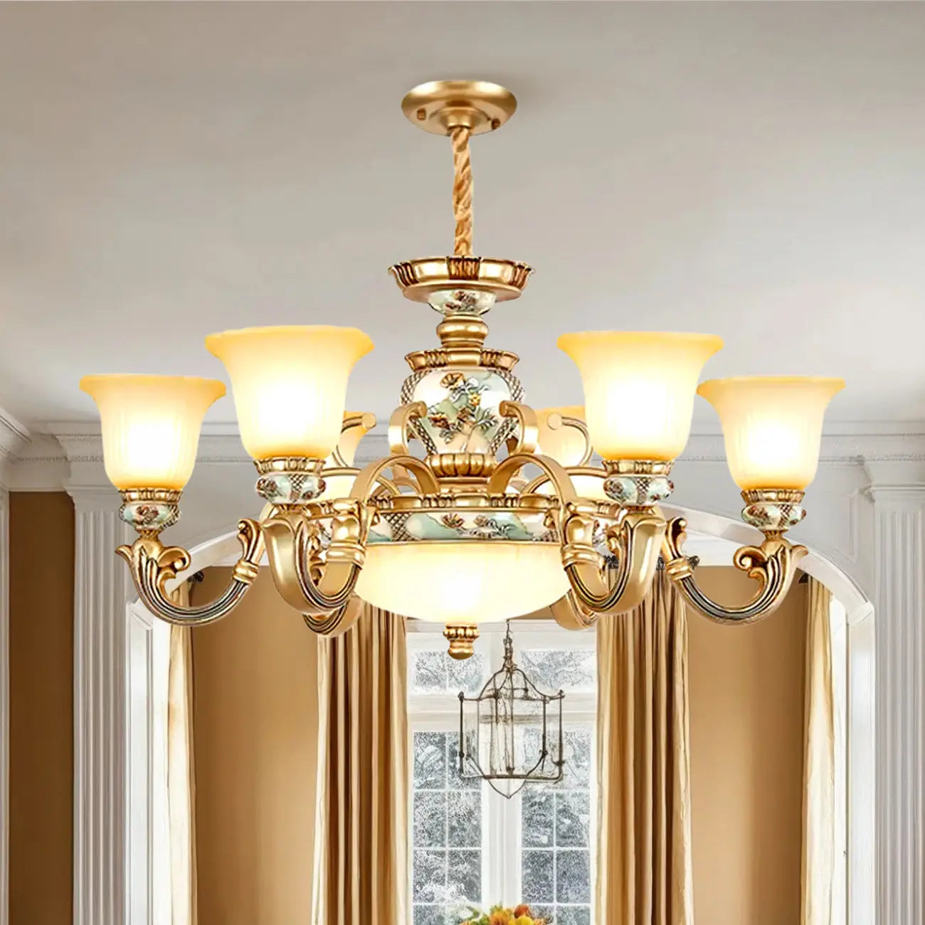 Lampadario in ceramica color oro antico con campane in vetro satinato