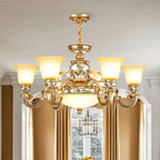 Lampadario in ceramica color oro antico con campane in vetro satinato