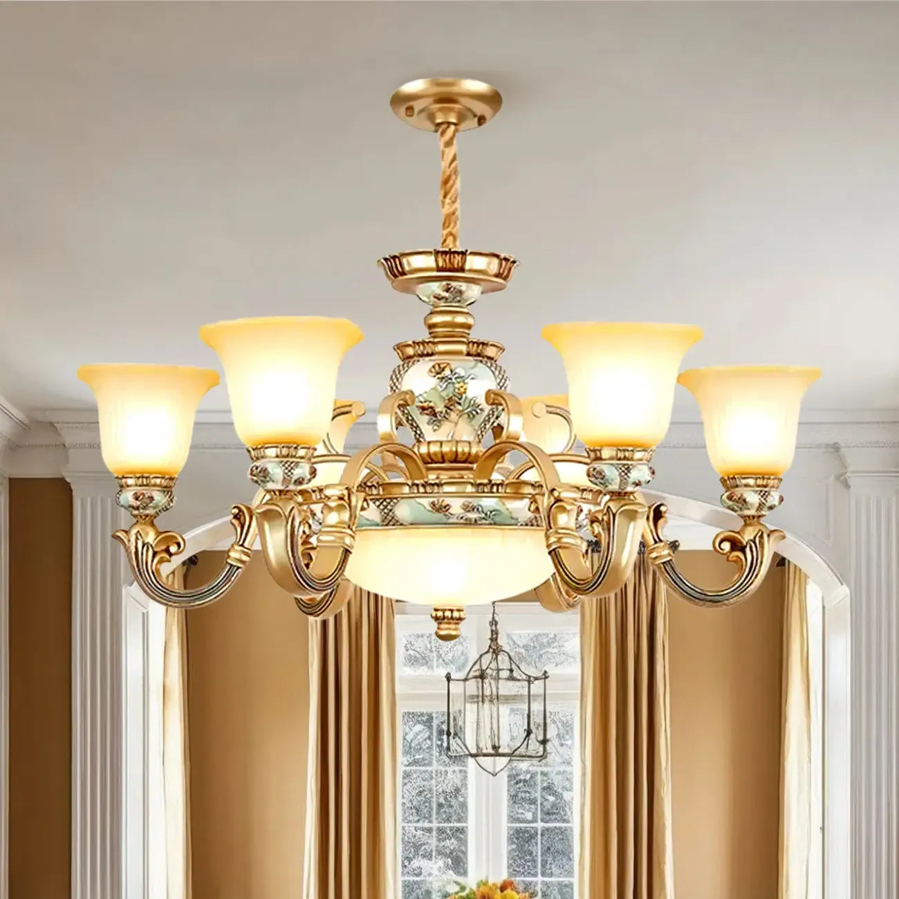 Lampadario in ceramica color oro antico con campane in vetro satinato