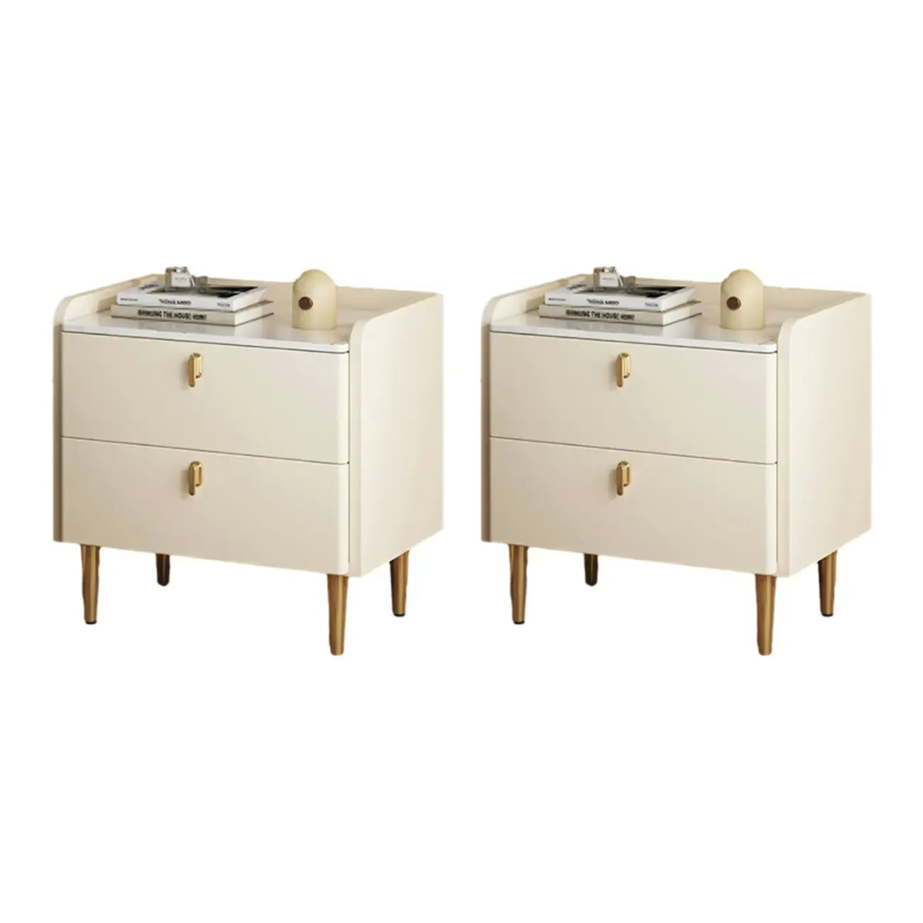 Table de chevet moderne à deux tiroirs avec plateau en pierre, revêtement en cuir et accents dorés