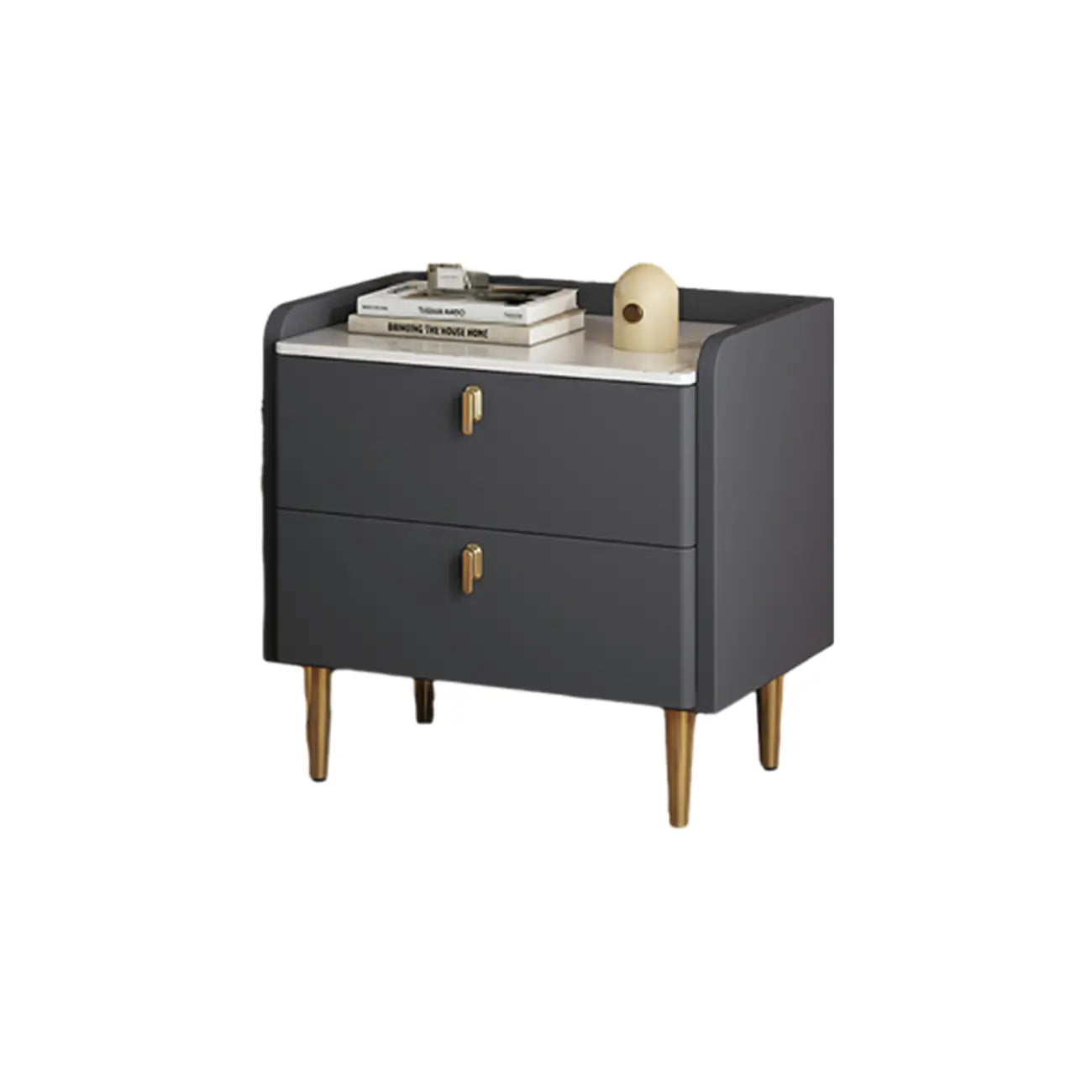 Table de chevet moderne à deux tiroirs avec plateau en pierre, revêtement en cuir et accents dorés