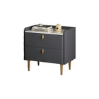 Table de chevet moderne à deux tiroirs avec plateau en pierre, revêtement en cuir et accents dorés