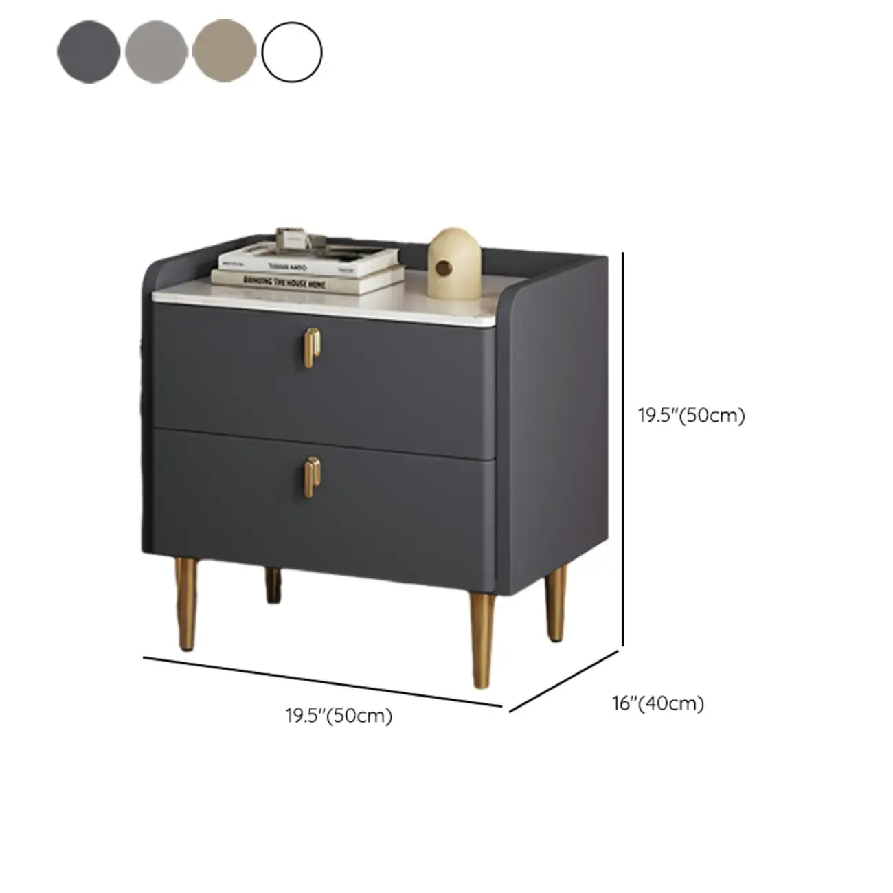 Table de chevet moderne à deux tiroirs avec plateau en pierre, revêtement en cuir et accents dorés