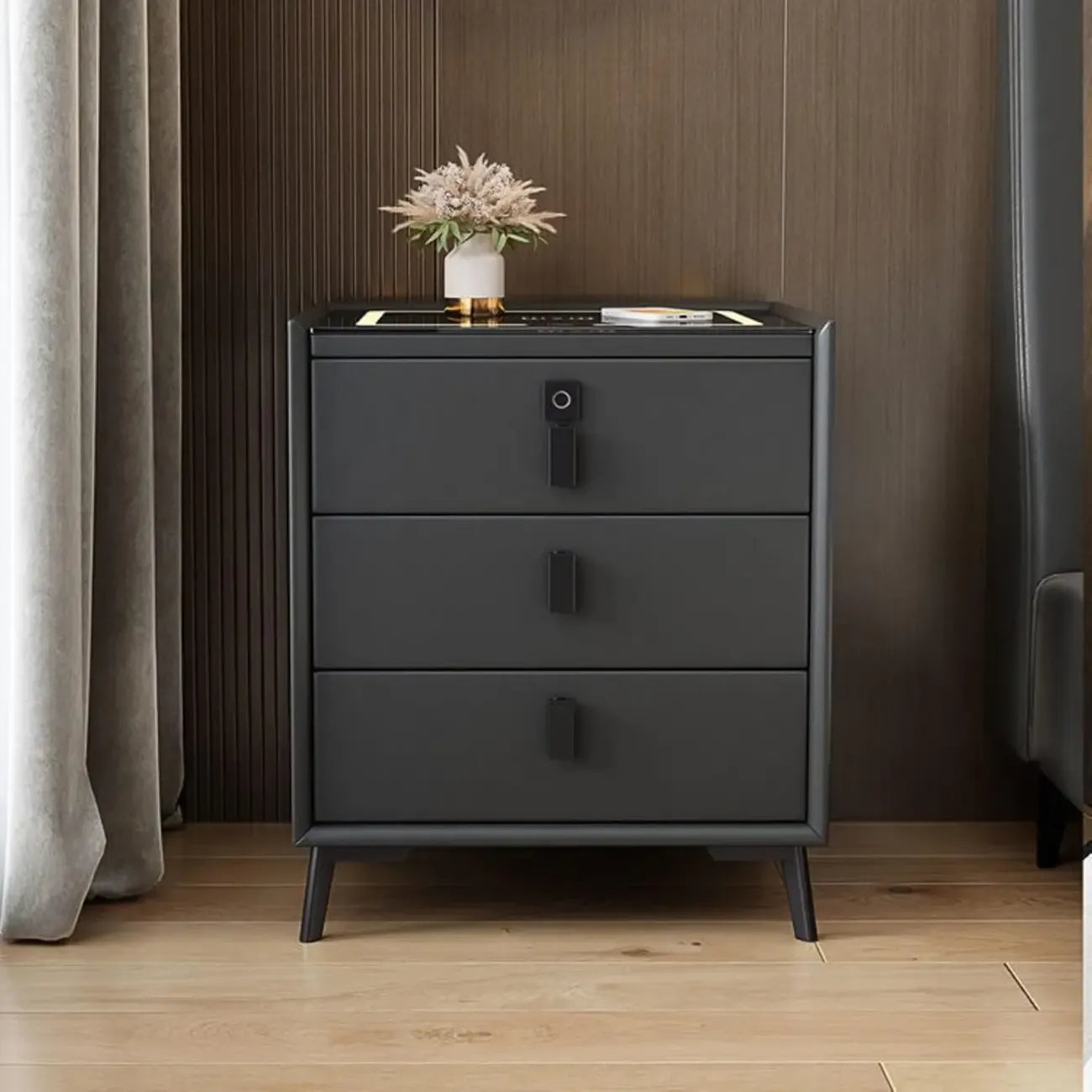 Table de chevet étroite en bois avec plateau en verre, 3 tiroirs et éclairage intégré