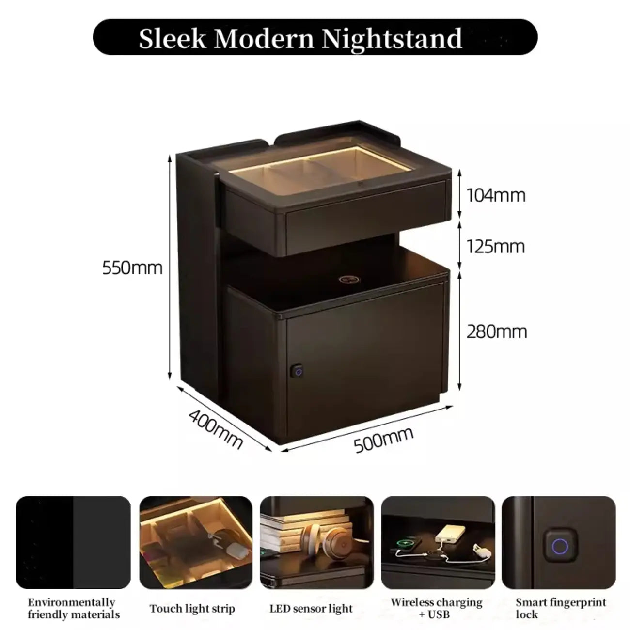 Table de chevet moderne avec tiroir et porte USB intégrés, plateau en verre noir et armoire
