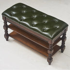Banc en bois et cuir véritable antique à rabat avec 2 étagères