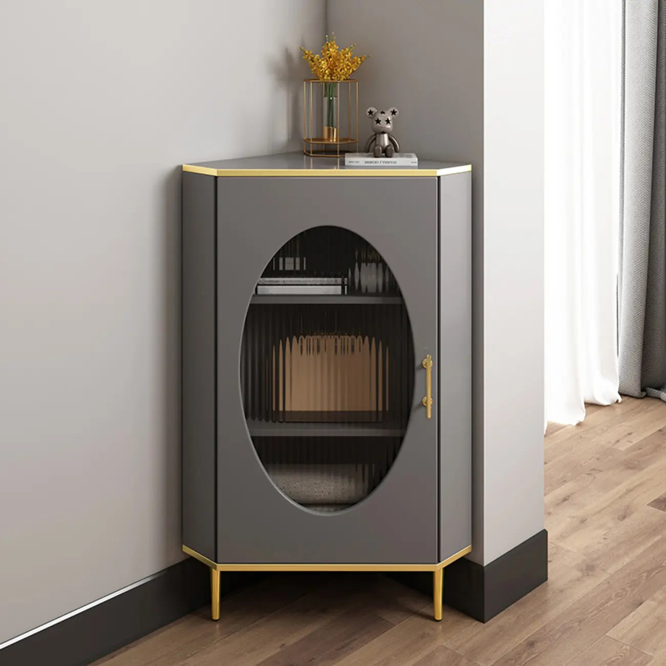 Meuble d'angle en verre, acier inoxydable et verre, finition ardoise grise et dorée glamour
