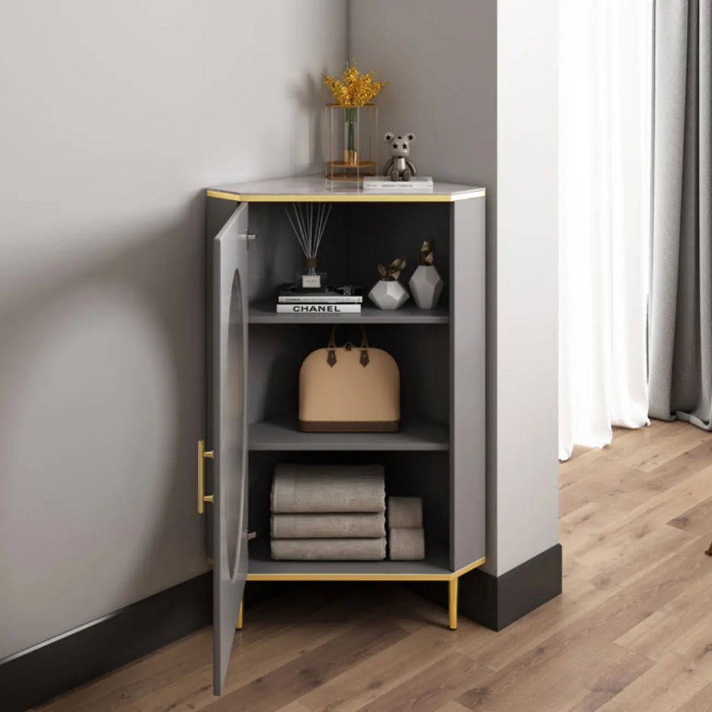 Meuble d'angle en verre, acier inoxydable et verre, finition ardoise grise et dorée glamour