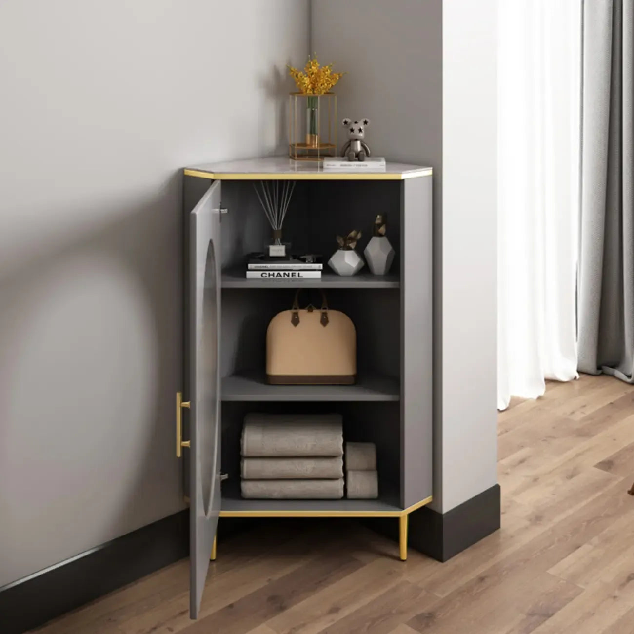 Meuble d'angle en verre, acier inoxydable et verre, finition ardoise grise et dorée glamour