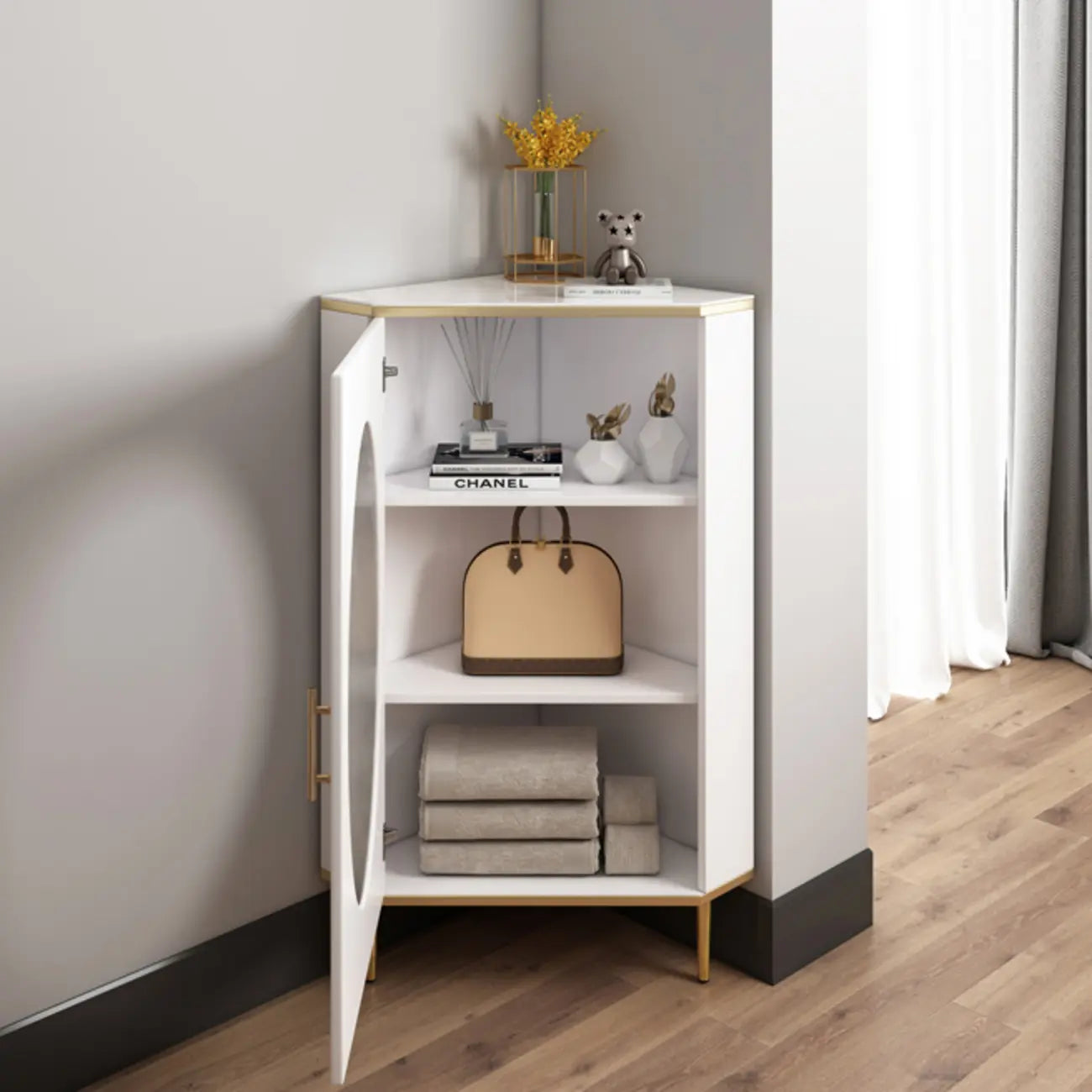 Meuble d'angle en verre, acier inoxydable et verre, finition ardoise grise et dorée glamour