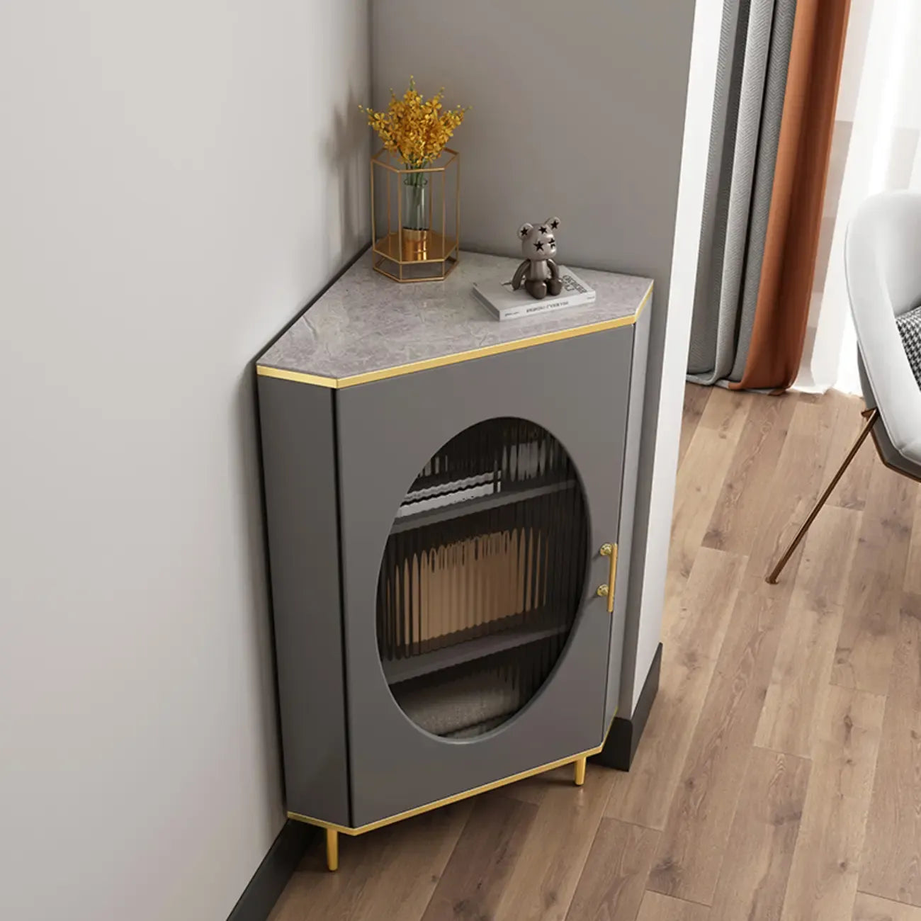 Meuble d'angle en verre, acier inoxydable et verre, finition ardoise grise et dorée glamour