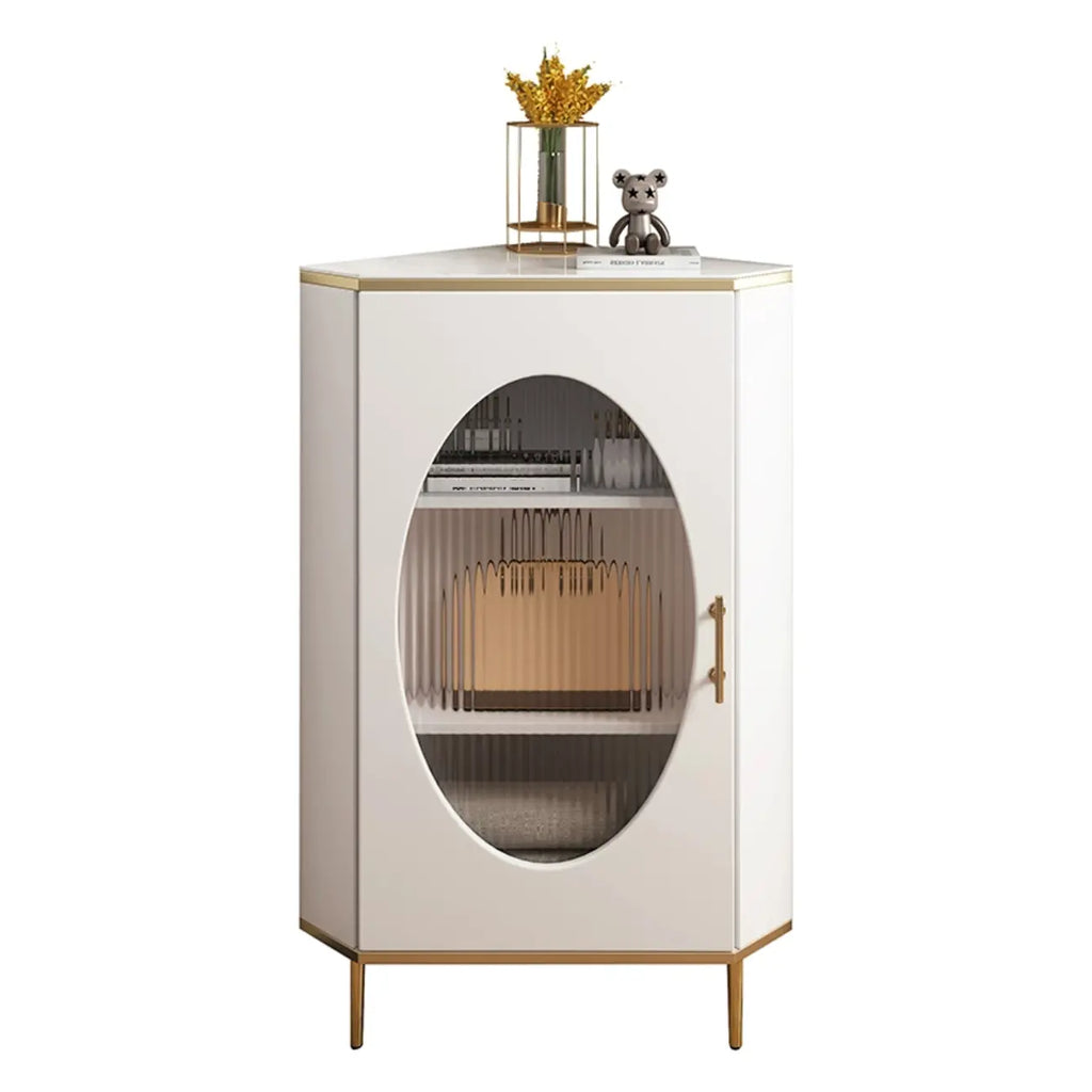 Meuble d'angle en verre, acier inoxydable et verre, finition ardoise grise et dorée glamour