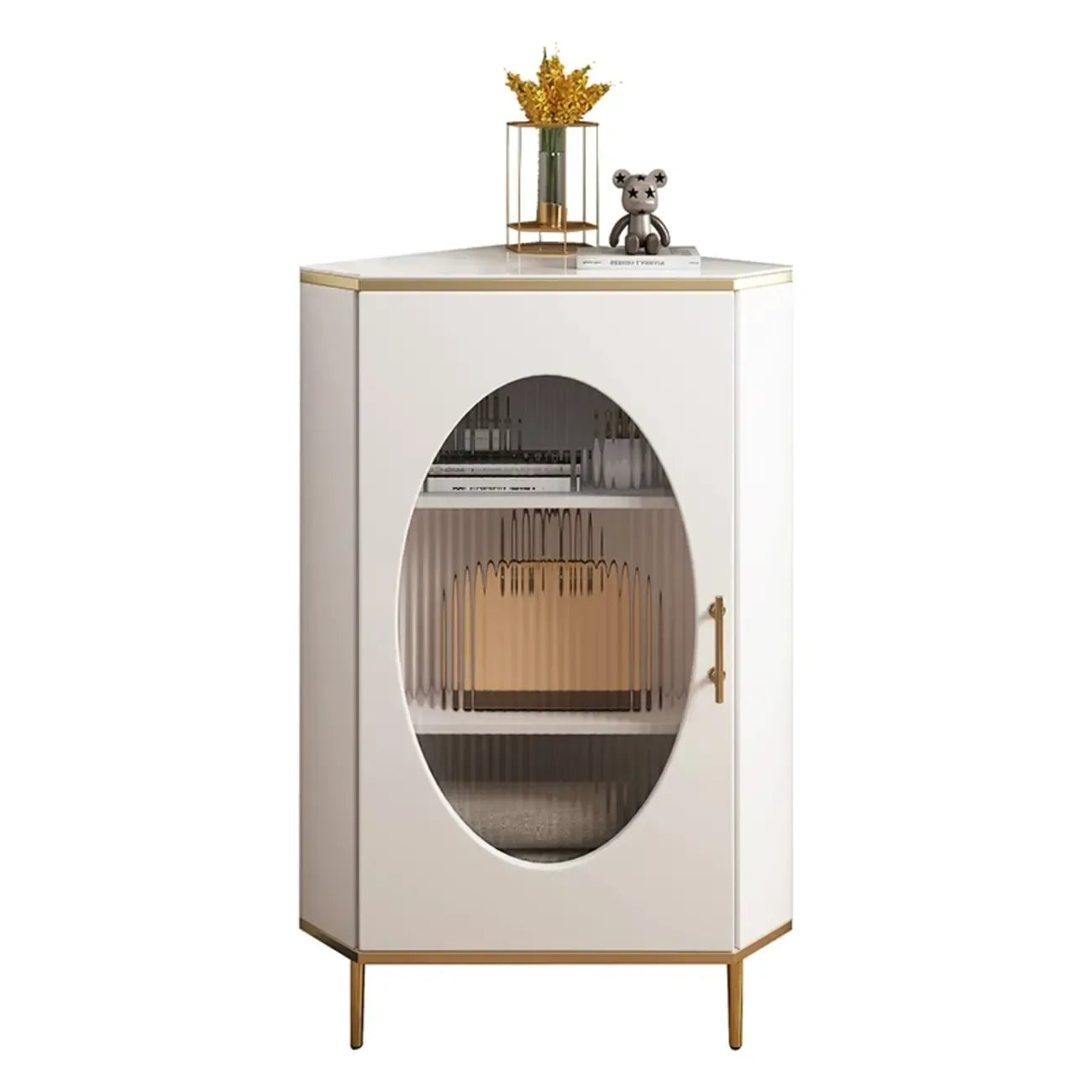 Meuble d'angle en verre, acier inoxydable et verre, finition ardoise grise et dorée glamour