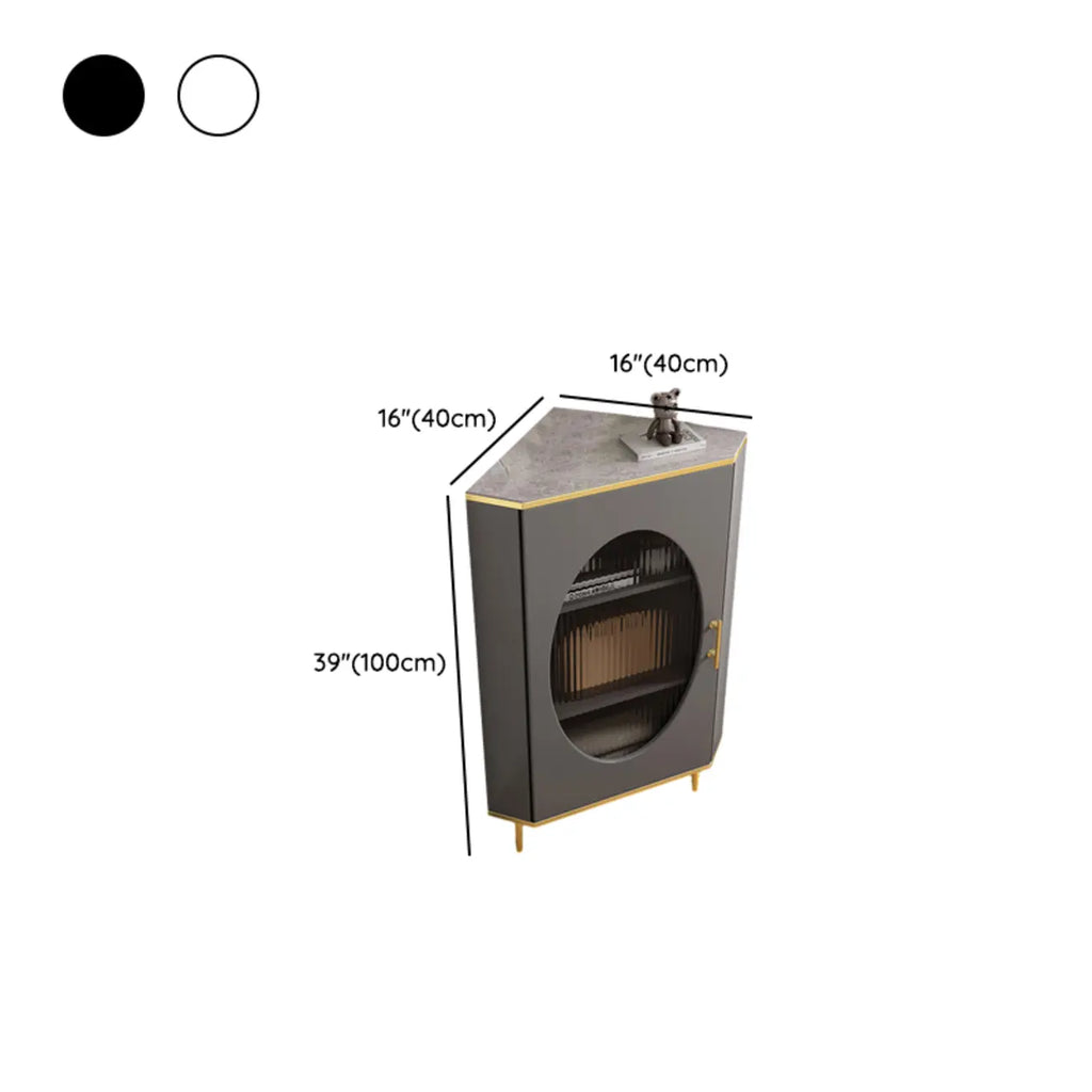 Meuble d'angle en verre, acier inoxydable et verre, finition ardoise grise et dorée glamour