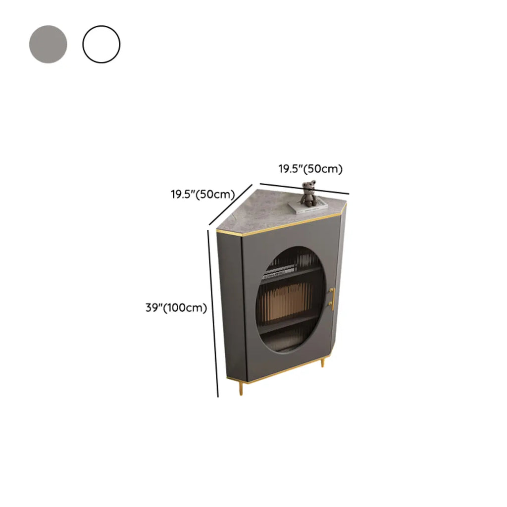Meuble d'angle en verre, acier inoxydable et verre, finition ardoise grise et dorée glamour