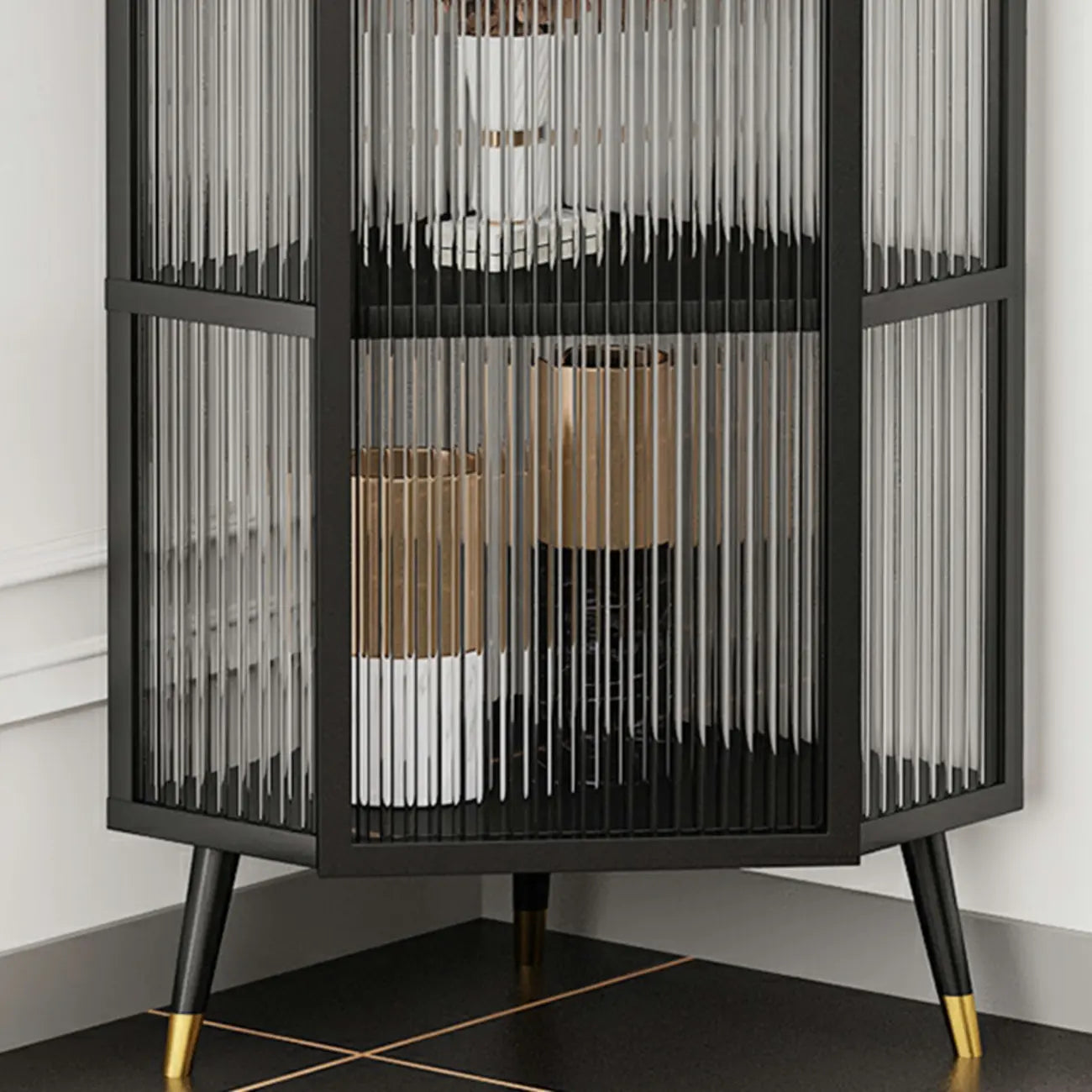 Meuble d'angle moderne en métal noir et verre côtelé