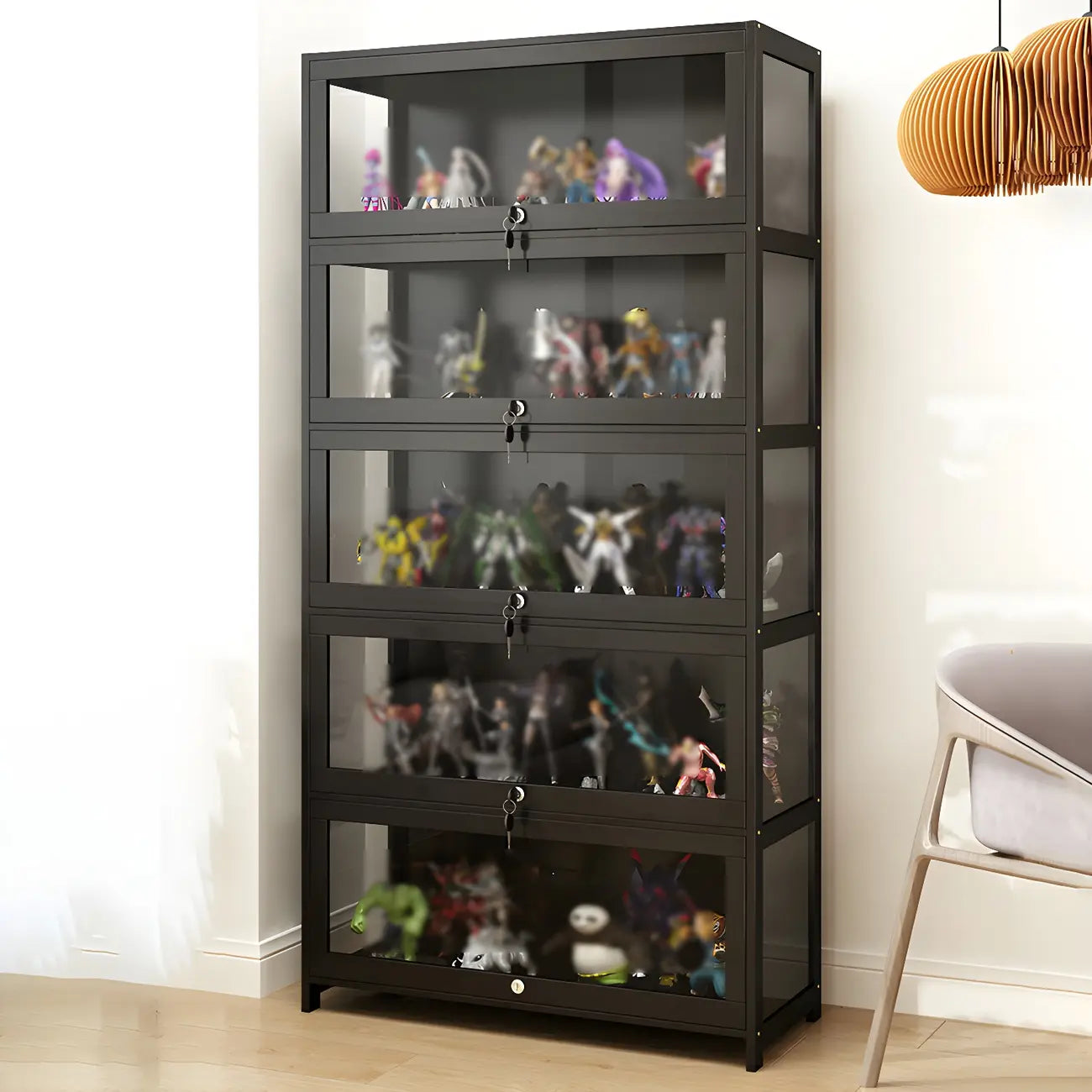 Vitrine moderne en verre noir pour figurines, idéale pour le salon