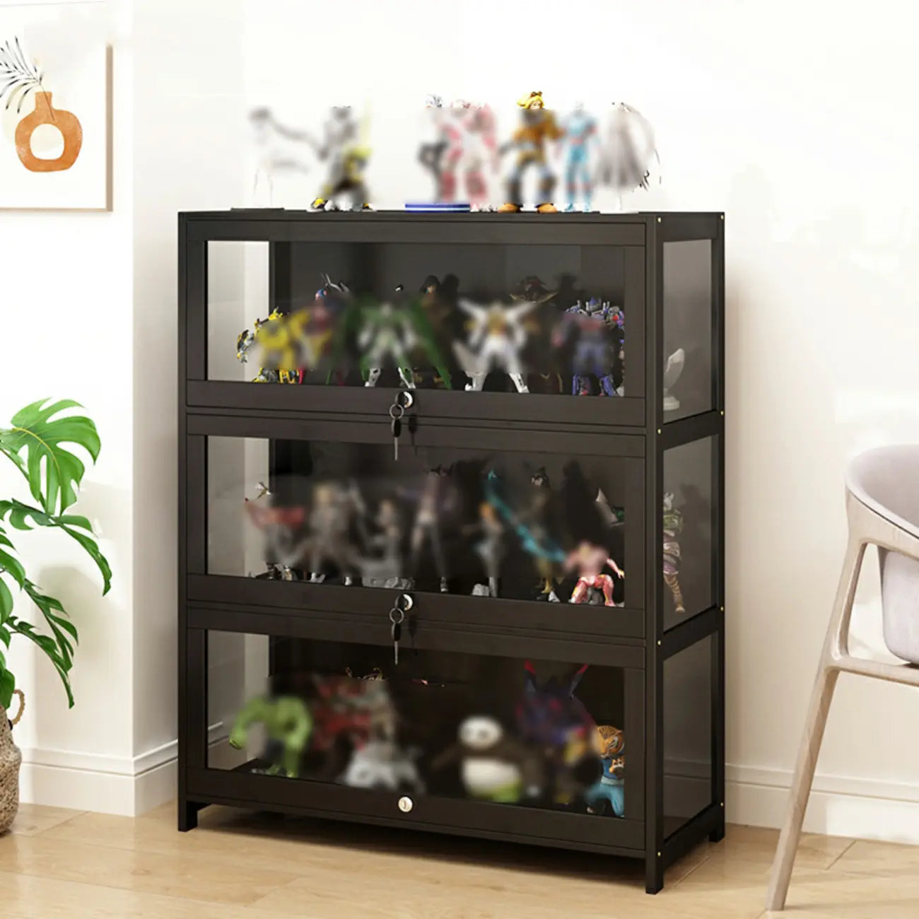 Vitrine moderne en verre noir pour figurines, idéale pour le salon