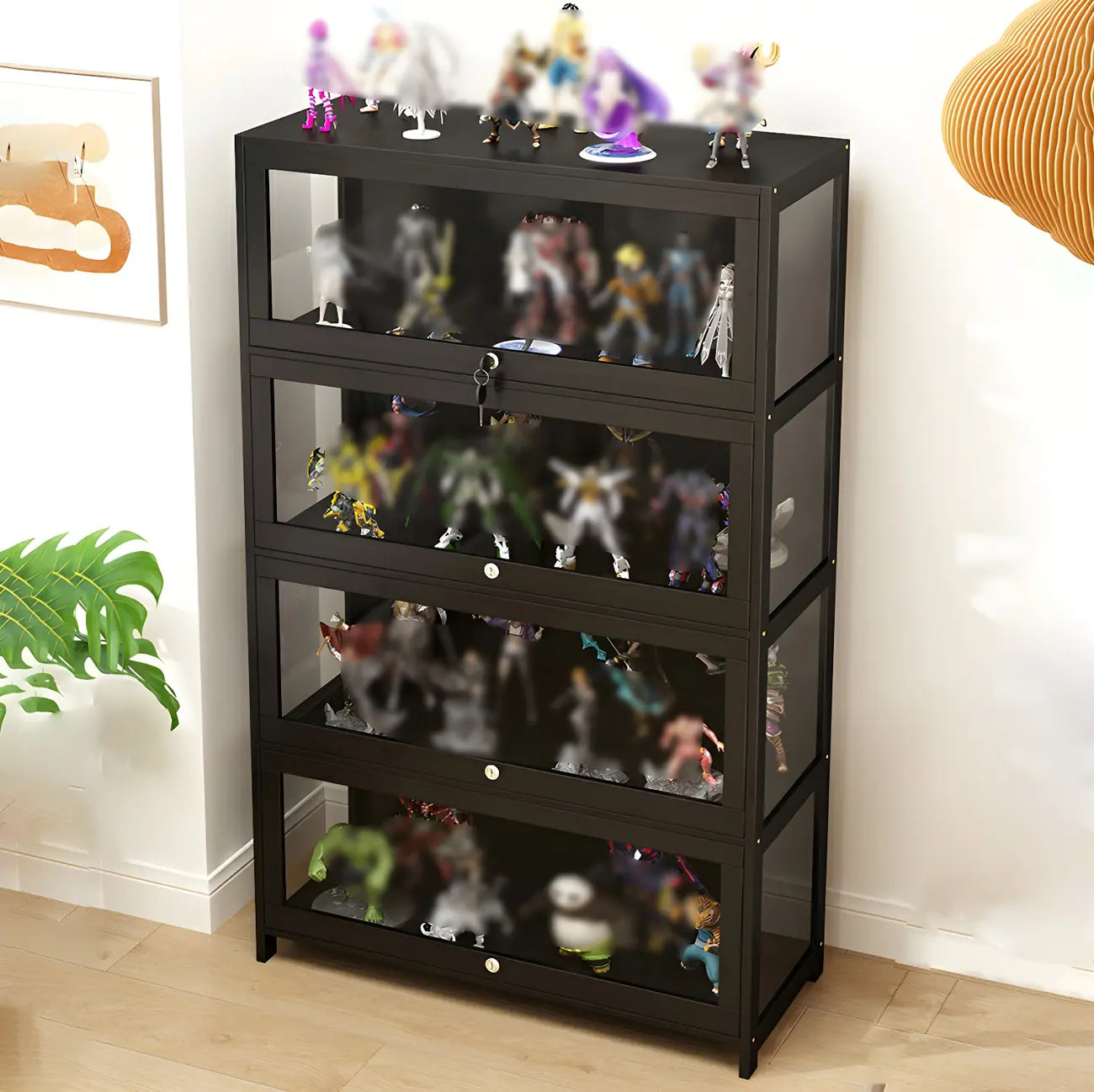 Vitrine moderne en verre noir pour figurines, idéale pour le salon