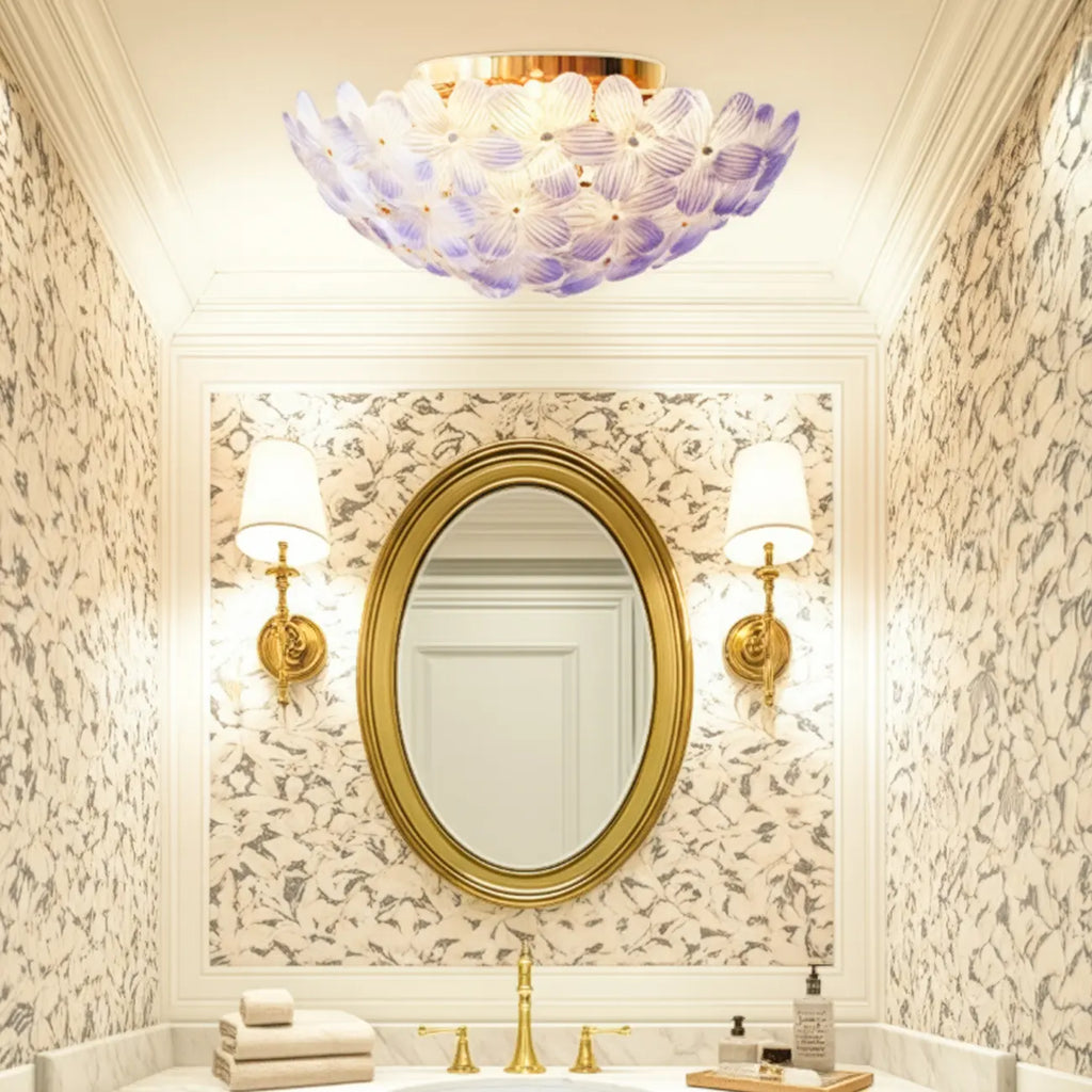 Plafonnier semi-encastré élégant à dôme en verre à motif floral